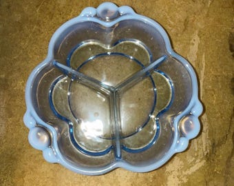 Duncan Miller Canteberry 3 part blue opalescent  glass candy dish Vintage