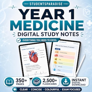 Könnte beinhalten: Digitale Lernunterlagen für das erste Jahr Medizin mit dem Titel STUDENTSPARADISE. Enthält 350+ Seiten und 2.500+ Lernkarten. Zwei Tablets zeigen medizinische Inhalte: ein Diagramm des Herzzyklus und eine Biochemie-Lernkarte zu Nährstoffklassen.