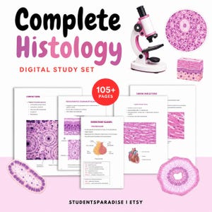 Puede incluir: Un conjunto de estudio digital titulado Complete Histology con más de 105 páginas de contenido educativo. Incluye diagramas de hueso compacto, glándulas endocrinas y tejido muscular cardíaco, junto a una ilustración de un microscopio rosa y blanco.
