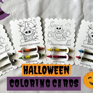 PERSONALIZED set of 6 HALLOWEEN COLORING cards with crayons, Halloween school gifts, schoolmates gifts, party favor, crayon holder card
