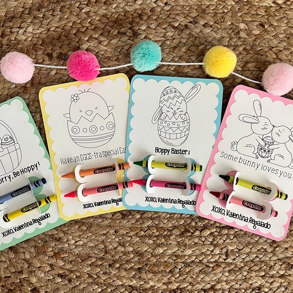 Set of 6 Personalized EASTER COLORING CARDS with crayons, crayon holder cards, Easter school gifts, Easter party favors for kids.