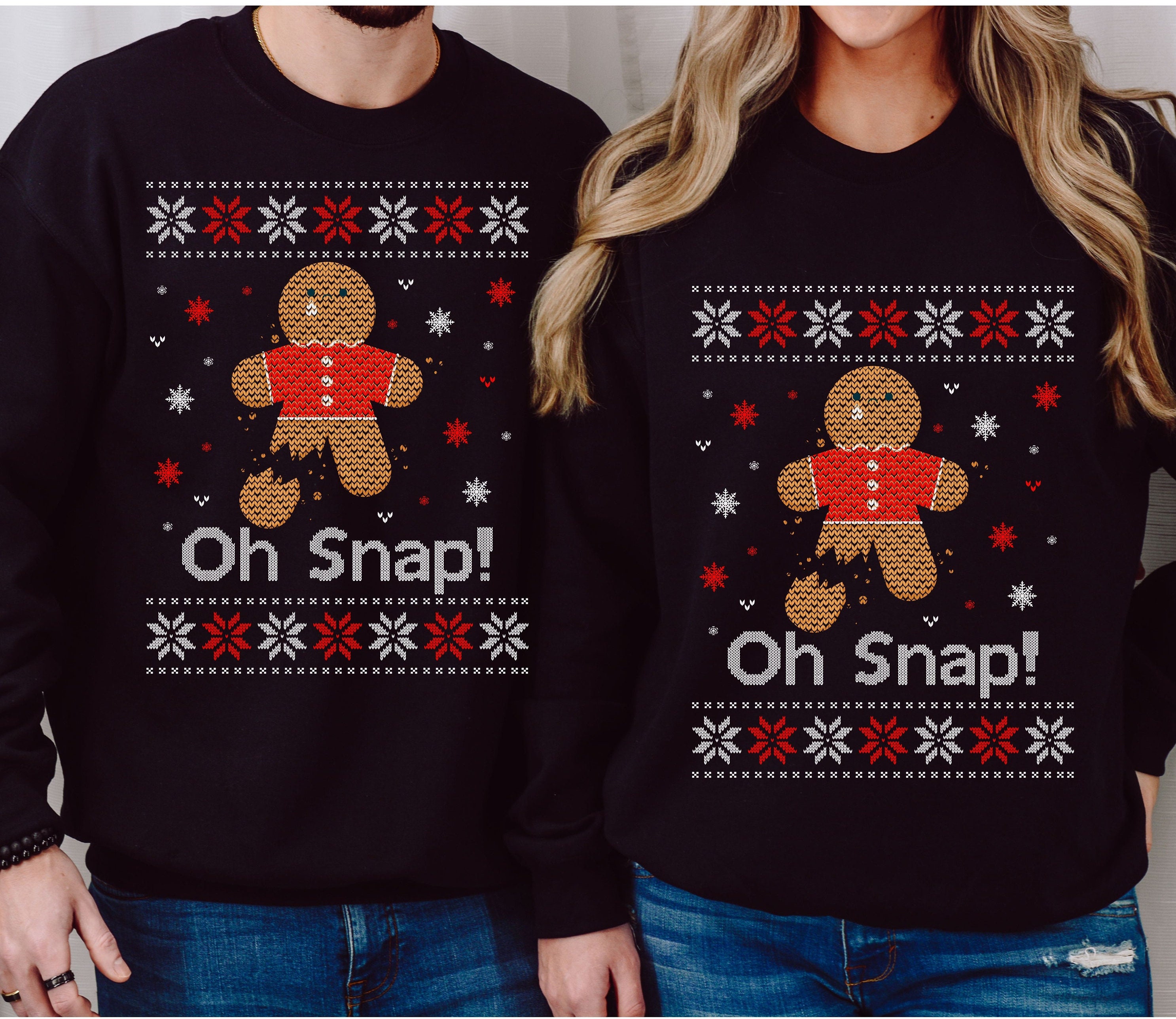 "Oh Snap" Funny Matching Christmas Shirts - Couple Ugly Sweater Tees In Green & Red - View #6