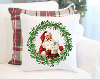 Watercolor Santa pillow cover, Santa pillow decor, Christmas pillow cover, Throw cushion Christmas cover, Santa pillow, wreath pillow, Retro