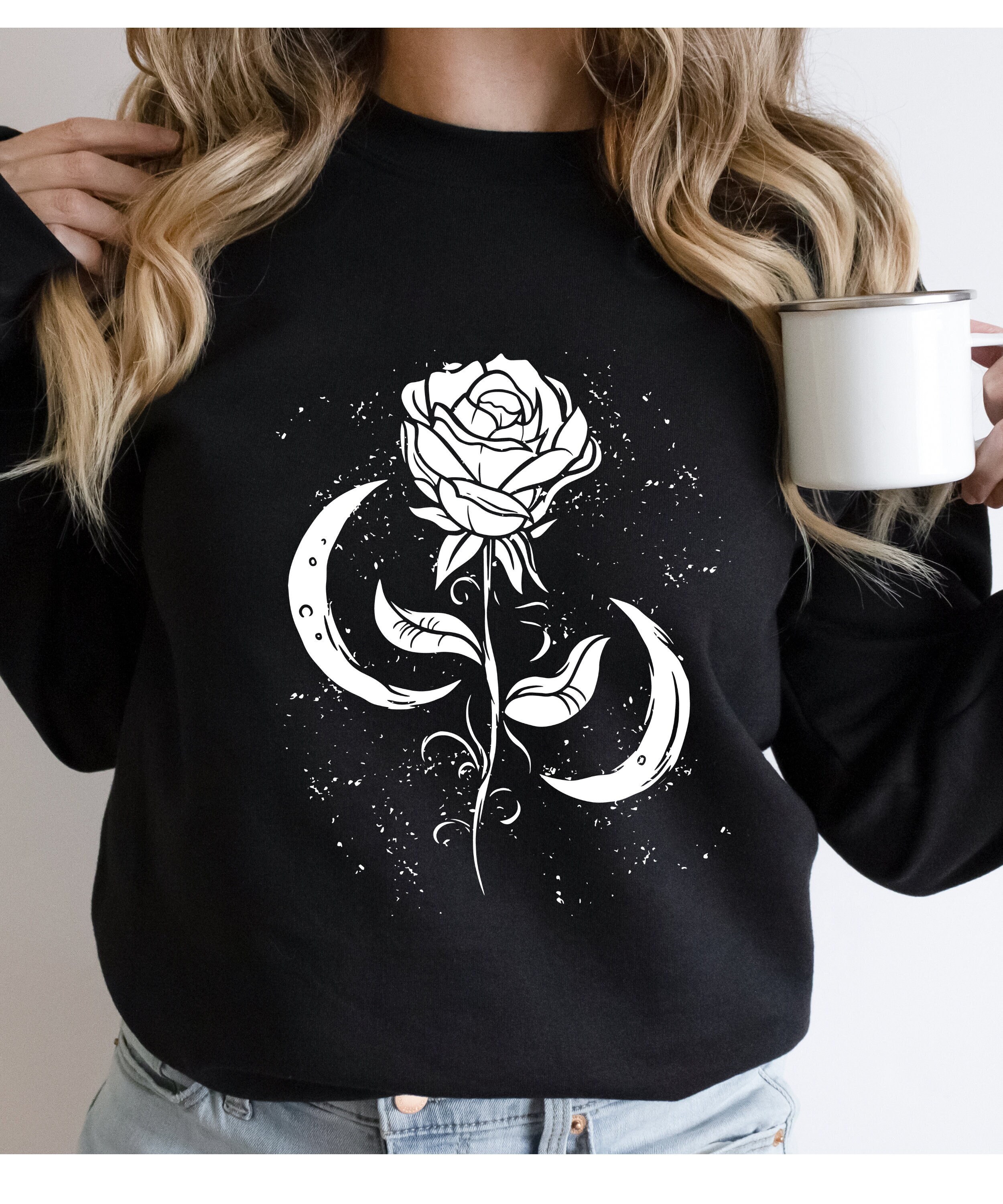 Rose and moon sweatshirt, romantic sweater, gift for her, mystic moon and rose, floral moon sweater, Mother's day gift, witchy gift