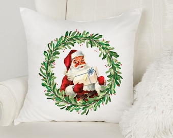 Watercolor Santa pillow cover, Santa pillow decor, Christmas pillow cover, Throw cushion Christmas cover, Santa pillow, wreath pillow, Retro