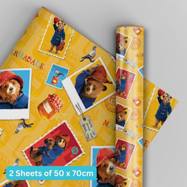 Paddington Bear Yellow Birthday Wrapping Paper 2 Sheets and 2 Tags Gift Wrap Sustainably Resourced and FSC Accredited