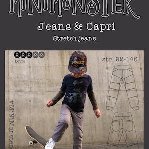 May include: A black and white line drawing of jeans for children, sizes 92-146 cm. The drawing shows two different styles of jeans, one with a straight leg and one with a cuffed leg. The drawing is on a grey background with a child wearing a grey shirt and a black and white baseball cap standing on a skateboard.
