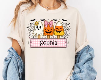 Custom Halloween Shirt, Girl Halloween Outfit, Personalized With Name, Cute Fall Kids Tee, Checkered Ghost tshirt, Preppy Kids Shirt