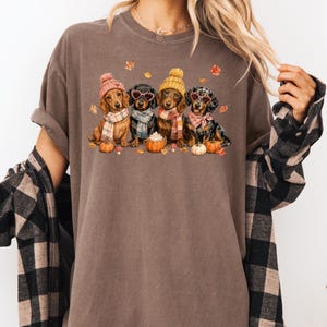 May include: A dark brown short-sleeve t-shirt featuring a graphic print of four dachshund dogs wearing colorful knit hats, scarves, and heart-shaped glasses, surrounded by small pumpkins and autumn leaves, layered under a black and tan plaid shirt.