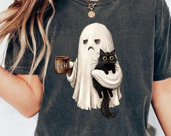 Comfort Colors® Ghost Cat Shirt, Spooky Black Cat Graphic Tee, Funny Introvert Halloween Coffee Lover Gift, Halloween Cat Shirt