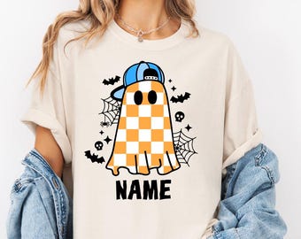 Custom Halloween Shirt, Boy Halloween Outfit, Personalized With Name, Cute Fall Kids Tee, Checkered Ghost tshirt, Preppy Kids Shirt, Boys