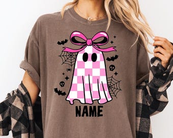 Custom Halloween Shirt, Girl Halloween Outfit, Personalized With Name, Cute Fall Kids Tee, Checkered Ghost tshirt, Preppy Kids Shirt, Girls