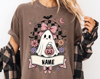 Custom Halloween Shirt, Girl Halloween Outfit, Personalized With Name, Cute Fall Kids Tee, Checkered Ghost tshirt, Preppy Kids Shirt