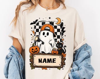 Custom Halloween Shirt, Boy Halloween Outfit, Personalized With Name, Cute Fall Kids Tee, Checkered Ghost tshirt, Preppy Kids Shirt