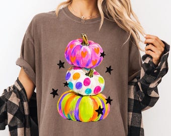 Colorful Stacked Pumpkin Shirt, Cute Fall Shirt, Halloween Pumpkin Shirt, Autumn Graphic Tee, Colorful Pumpkin T Shirt, Pumpkin Lover Gift