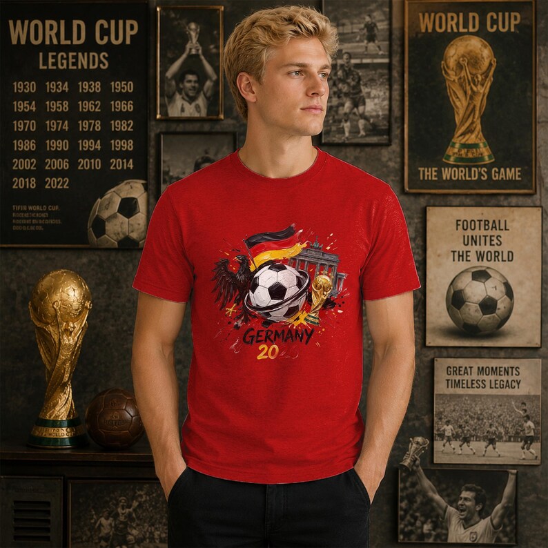 May include: A red short-sleeved t-shirt featuring a graphic print of a football, the German flag, a black eagle, the Brandenburg Gate, and a gold trophy. The text GERMANY 20 is printed below the central graphic in a bold, dark font.
