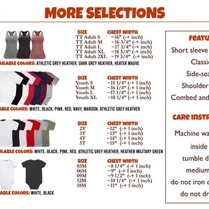 a collection of clothing items, including tank tops and t-shirts, with various sizes and colors available. It also includes care instructions for the clothing items.