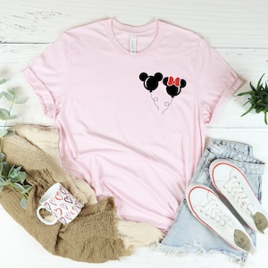 Mickey Minnie Balloon Disney Shirt, Woman&#39;s Disney World Shirt, Ladies Disneyland Shirt, Disney V-Neck Shirt, Cute Disney World T-Shirts