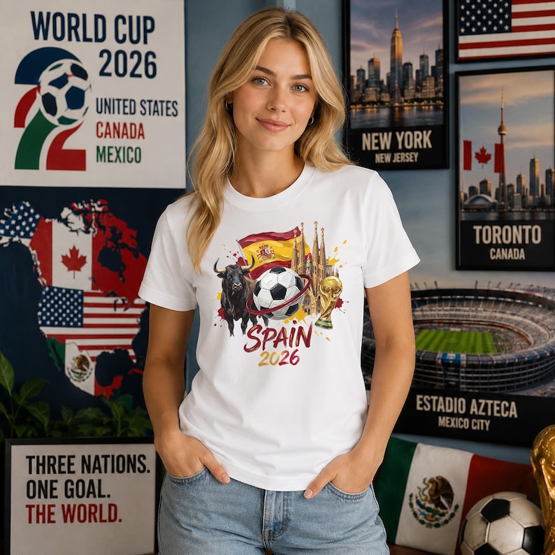 May include: A white t-shirt featuring a graphic print of a bull, a soccer ball, the Spanish flag, the Sagrada Familia, and a gold trophy. Below the graphic, the text reads "SPAIN 2026" in red and gold lettering, centered on the chest area.