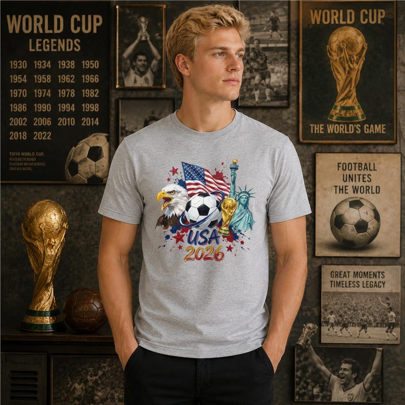 Pode incluir: Uma t-shirt cinza mesclado com uma estampa gr&aacute;fica de uma &aacute;guia-de-cabe&ccedil;a-branca, uma bola de futebol, a Est&aacute;tua da Liberdade e uma bandeira americana. O design inclui o texto USA 2026 em letras azuis e vermelhas, acentuado por estrelas vermelhas.