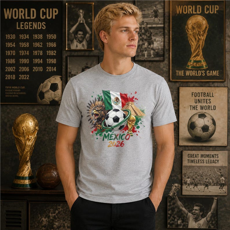 Pode incluir: Uma t-shirt cinzenta mesclada de manga curta com uma impress&atilde;o gr&aacute;fica de uma bola de futebol, a bandeira do M&eacute;xico, uma &aacute;guia-real e uma pir&acirc;mide. O design inclui o texto MEXICO 2026 em letras verdes e vermelhas na zona do peito.