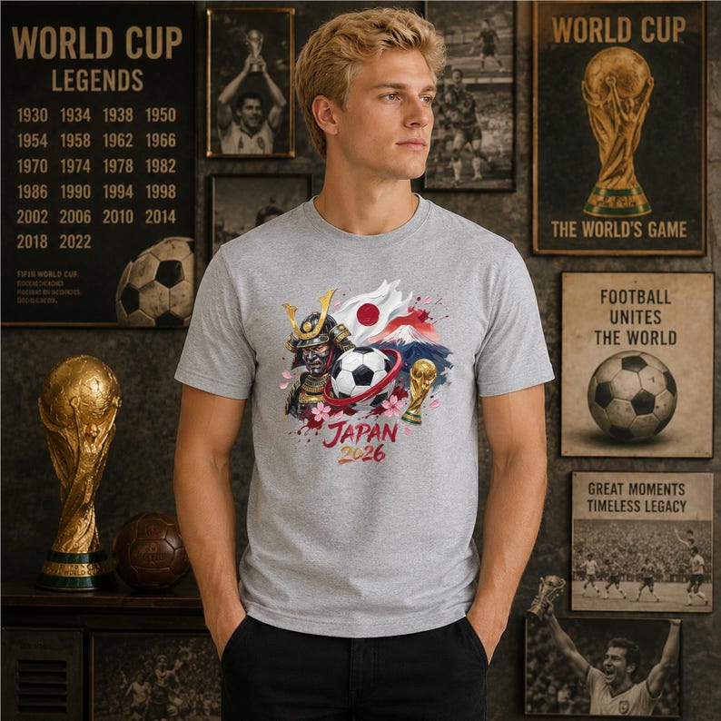Puede incluir: Una camiseta gris jaspeado de manga corta con un estampado gr&aacute;fico de un casco de samur&aacute;i, un bal&oacute;n de f&uacute;tbol, un trofeo dorado, la bandera de Jap&oacute;n y el monte Fuji, con el texto "JAPAN 2026" impreso en rojo bajo la ilustraci&oacute;n.