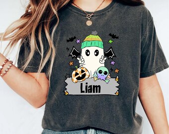 Custom Halloween Shirt, Boy Halloween Outfit, Personalized With Name, Cute Fall Kids Tee, Checkered Ghost tshirt, Preppy Kids Shirt