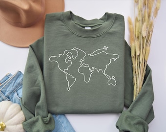 World Map Sweatshirt, Travel Sweatshirt, Adventurer Shirt, Traveler Gift, World Minimalist Map Sweatshirt, Road Trip, Wanderlust Sweater