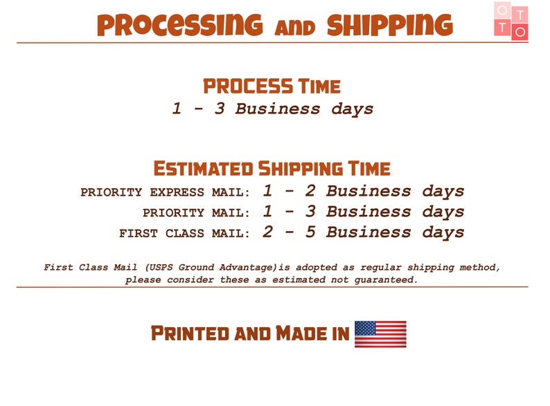 The image is a printed document that provides information about processing and shipping. It includes estimated shipping times for different types of mail, such as priority mail and first class mail, as well as the estimated processing time for business days. The document also mentions that the estimated shipping time is not guaranteed and that the first class mail is adopted as a regular shipping method. The document is printed in the United States and features an American flag.