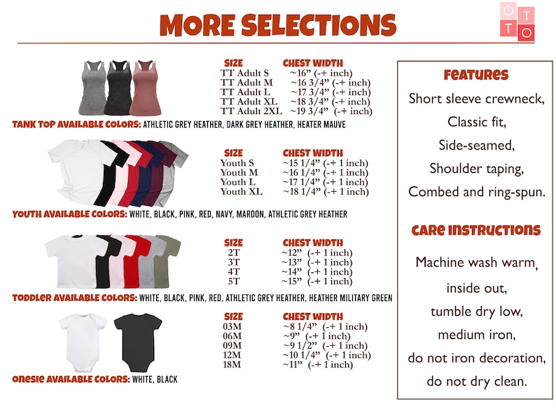 a collection of clothing items, including tank tops and t-shirts, with various sizes and colors available. It also includes care instructions for the clothing items.
