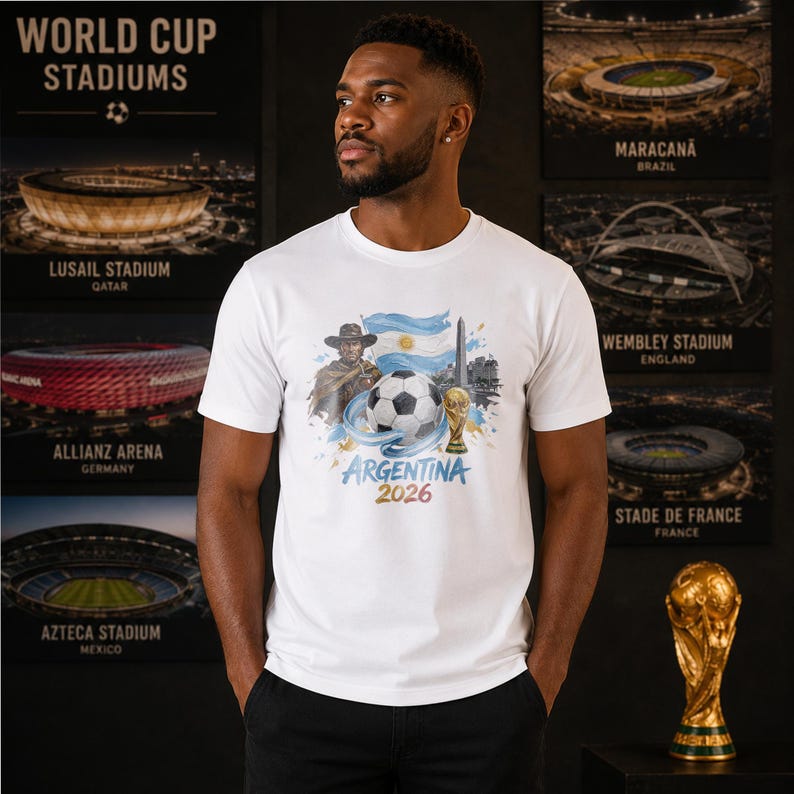 May include: A white short-sleeved t-shirt featuring a graphic print of a soccer ball, the Argentina flag, a cowboy figure, the Obelisco de Buenos Aires, and a gold trophy. The text reads Argentina 2026 in blue and gold lettering on the front.