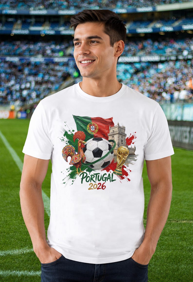 May include: A white short-sleeved t-shirt featuring a graphic print of the Portuguese flag, a soccer ball, a rooster, the Bel&eacute;m Tower, and a gold trophy. The text "PORTUGAL 2026" is printed in green and gold lettering below the central graphic design.