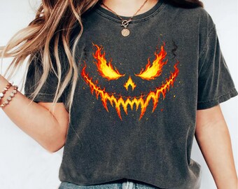 Comfort Colors® Flaming Pumpkin Face Halloween Shirt, Vintage Halloween Shirt, Funny Introvert Halloween Coffee Lover Gift, Halloween Shirt