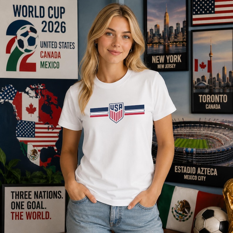 May include: A white short-sleeved t-shirt featuring a central graphic of the USA crest shield flanked by horizontal navy blue, white, and red stripes. The design is positioned on the chest of the garment, which is paired with blue denim jeans.