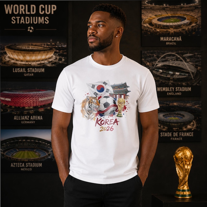 May include: A white short-sleeved t-shirt featuring a graphic print of a soccer ball, a tiger, the South Korean flag, a traditional building, and a gold trophy. The text "KOREA 2026" is printed in red and gold below the central graphic design.