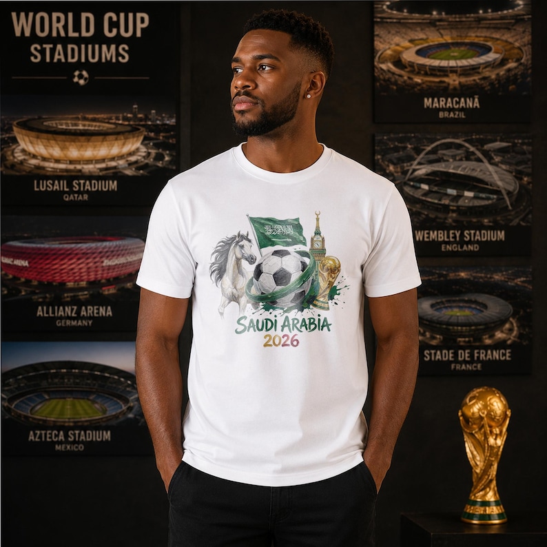 Pode incluir: Uma t-shirt branca com uma impress&atilde;o gr&aacute;fica de uma bola de futebol, um cavalo, a bandeira da Ar&aacute;bia Saudita, uma torre de rel&oacute;gio alta e um trof&eacute;u dourado. O texto "SAUDI ARABIA 2026" est&aacute; impresso em letras verdes e douradas.