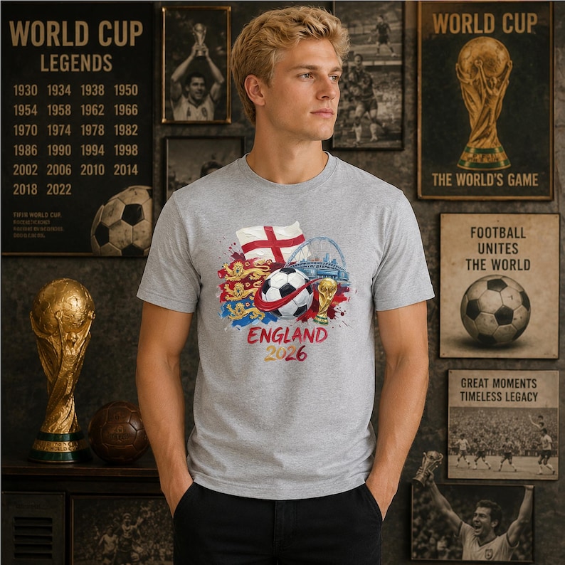 May include: A heather gray short-sleeve t-shirt featuring a graphic print of a soccer ball, the England flag, three lions, a stadium, and a gold trophy. The text "ENGLAND 2026" is printed in red and gold lettering below the central graphic design.