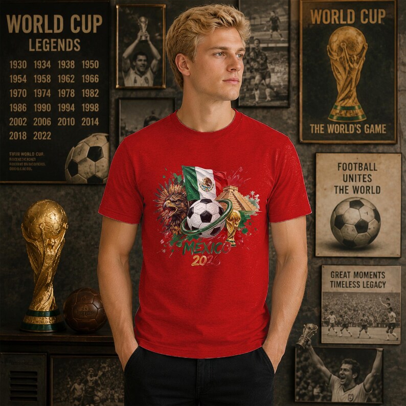 Pode incluir: Uma t-shirt vermelha de manga curta com uma estampa gr&aacute;fica de uma bola de futebol, a bandeira do M&eacute;xico, uma &aacute;guia, uma pir&acirc;mide e o texto "MEXICO 2026". O design inclui detalhes em verde e dourado ao redor da ilustra&ccedil;&atilde;o central.