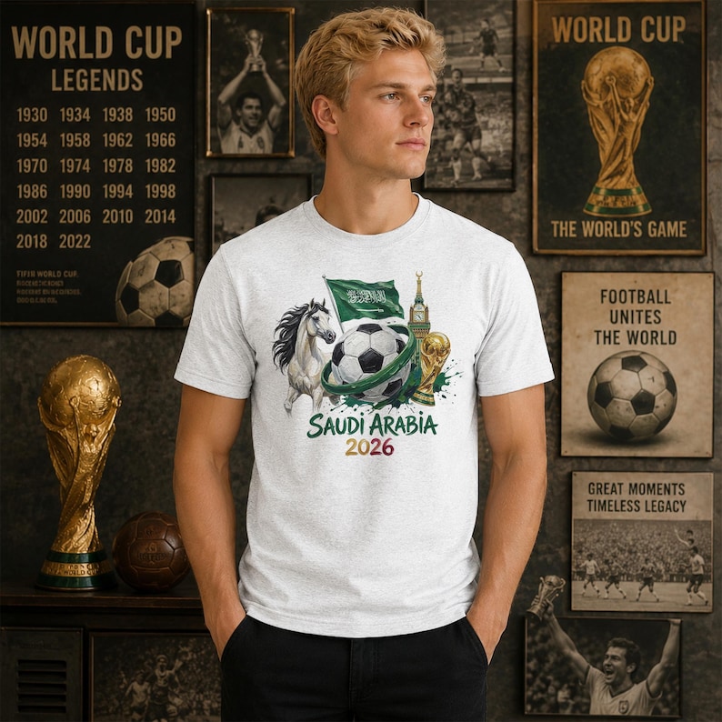 Pode incluir: Uma t-shirt cinzenta clara de gola redonda com uma impress&atilde;o gr&aacute;fica de uma bola de futebol, um cavalo, a bandeira da Ar&aacute;bia Saudita, um trof&eacute;u dourado e o texto Saudi Arabia 2026. O design est&aacute; centrado no peito da pe&ccedil;a de vestu&aacute;rio.
