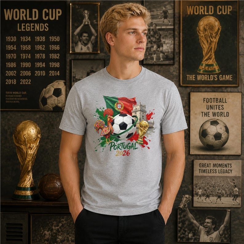 May include: A light gray short-sleeve t-shirt featuring a graphic print of a soccer ball, the Portugal flag, a rooster, a trophy, and the text Portugal 2026. The design includes red and green paint splatter accents on the front of the garment.