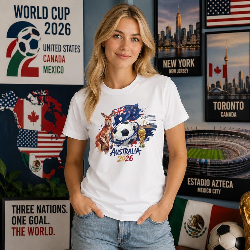 May include: A white t-shirt featuring a graphic print of a kangaroo, the Australian flag, a soccer ball, the Sydney Opera House, and a gold trophy. The text "AUSTRALIA 2026" is printed in blue and gold below the central graphic design.