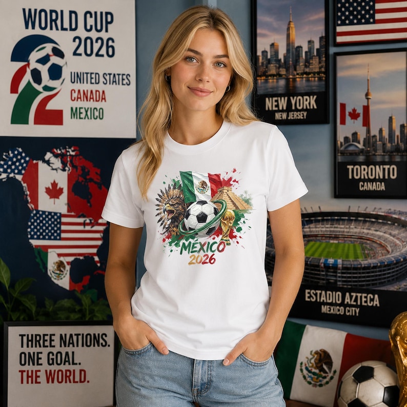 Pode incluir: Uma t-shirt branca com uma impress&atilde;o gr&aacute;fica de uma bola de futebol, a bandeira mexicana, uma &aacute;guia, uma pir&acirc;mide e o texto MEXICO 2026. O design incorpora elementos de salpicos de tinta verde, branca e vermelha no peito da pe&ccedil;a.