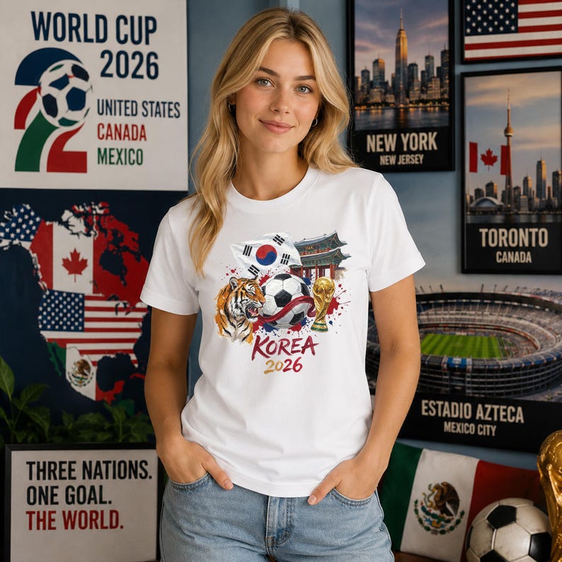 May include: A white t-shirt featuring a graphic print of a soccer ball, a tiger, the South Korean flag, a traditional building, and a gold trophy. Below the graphic, the text reads KOREA 2026 in red and gold lettering on the front of the shirt.