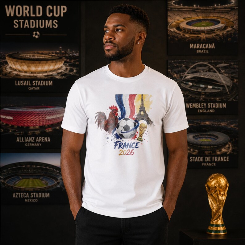 Puede incluir: Una camiseta blanca de manga corta con un estampado gr&aacute;fico de un gallo, un bal&oacute;n de f&uacute;tbol, la Torre Eiffel y un trofeo dorado, con el texto France 2026 mostrado debajo del dise&ntilde;o en letras azules y doradas.