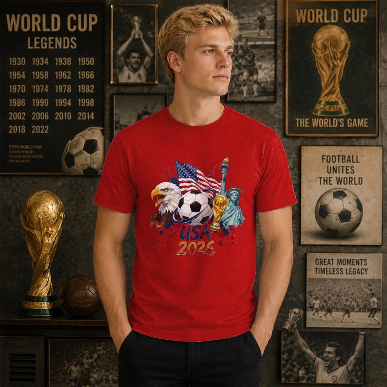 May include: A red short-sleeved t-shirt featuring a graphic print of a bald eagle, a soccer ball, the American flag, the Statue of Liberty, and a gold trophy. The text USA 2026 is printed in gold below the central graphic elements on the chest.