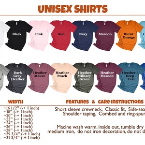 a collection of unisex t-shirts in various colors and sizes, along with their corresponding features and care instructions.
