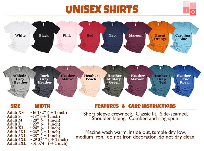 a collection of unisex t-shirts in various colors and sizes, along with their corresponding features and care instructions.