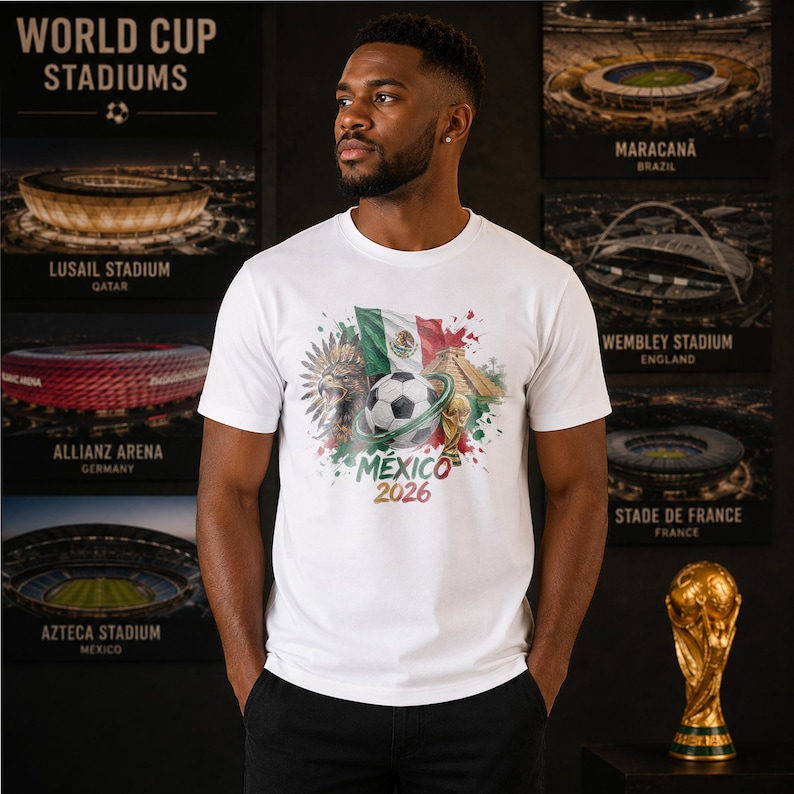 Pode incluir: Uma t-shirt branca de manga curta com uma impress&atilde;o gr&aacute;fica de uma bola de futebol, a bandeira do M&eacute;xico, uma &aacute;guia, uma pir&acirc;mide e um trof&eacute;u, com o texto "MEXICO 2026" impresso em verde e vermelho abaixo dos elementos centrais.