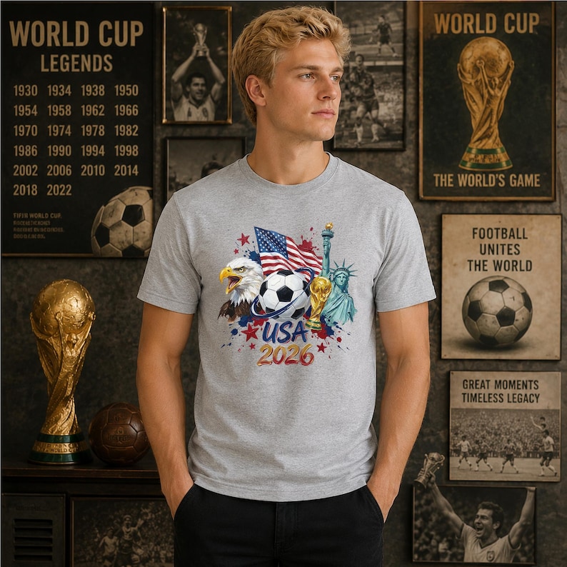 Puede incluir: Una camiseta gris jaspeado con un estampado gr&aacute;fico de un &aacute;guila calva, un bal&oacute;n de f&uacute;tbol, la Estatua de la Libertad y una bandera estadounidense. El dise&ntilde;o incluye el texto USA 2026 en letras azules y rojas, acentuado con estrellas rojas y salpicaduras.