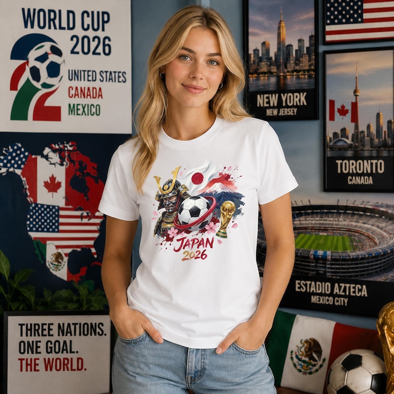 Puede incluir: Una camiseta blanca de manga corta con un estampado gr&aacute;fico de un casco de samur&aacute;i, un bal&oacute;n de f&uacute;tbol, un trofeo dorado y el monte Fuji. El dise&ntilde;o incluye el texto "JAPAN 2026" en letras rojas y doradas, con p&eacute;talos de cerezo rosados.